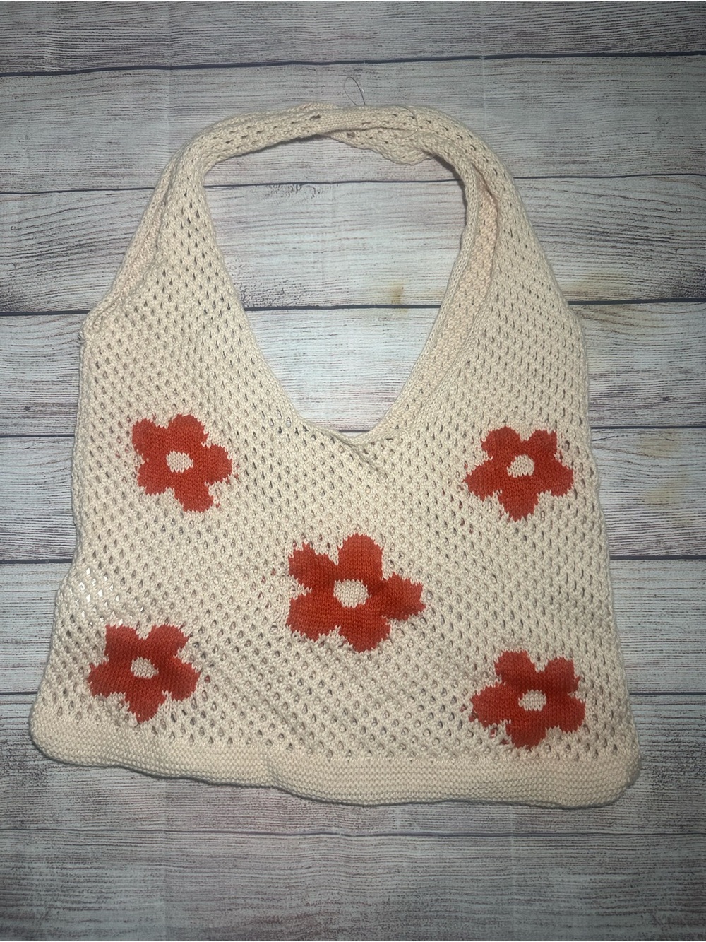 No Boundaries Cream Knit Shoulder Bag with Orange Flower Appliqués